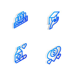 Set Isometric line Education grant, Donation and charity, Medicine bottle pills and icon. Vector