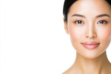 Obraz premium Realistic Photo of an Asian Woman with Perfect Skin, Natural Beauty, Smooth Face, Headshot, Full Frame, White Background, Professional Portrait