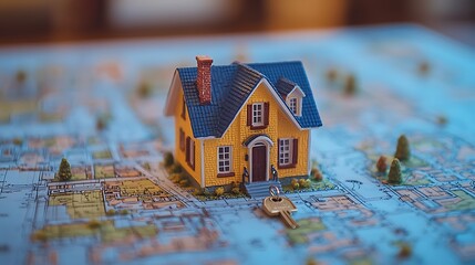 Miniature House Model and Key on Blueprint
