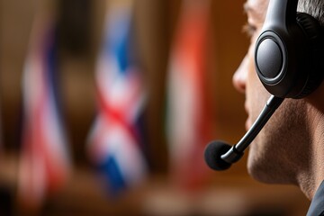 Interpreter wearing a headset speaks into a microphone in a conference room filled with business professionals and international flags, emphasizing quality multilingual communication