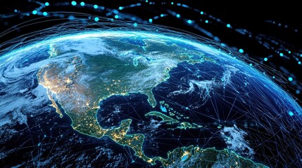 A stunning view of Earth from space, showcasing North America illuminated at night, surrounded by a network of digital connections and stars.