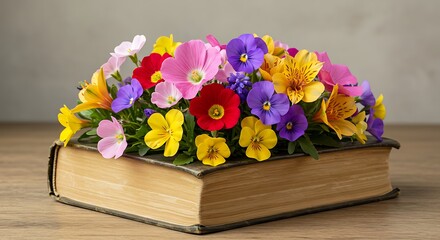 Colorful Flowers Arranged Atop an Old Book on a Wood Surface