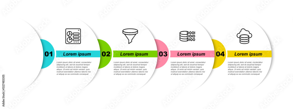Poster set line computer api interface, funnel or filter, binary code and cloud database. business infograp