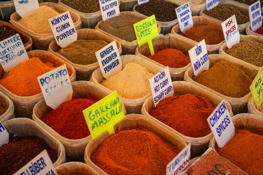 Various spices and herbs displayed at Fethiye, name labels shown in English and Turkish language