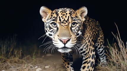 Fototapeta premium A close-up of a leopard in a dark environment, showcasing its distinct coat pattern and piercing gaze.