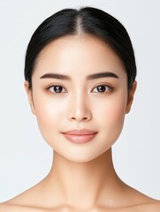 Realistic Photo of an Asian Woman with Perfect Skin, Full Frame Head and Shoulders, White Background, High-Quality Beauty Portrait