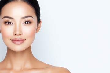 Realistic Photo of an Asian Woman with Perfect Skin, Full Frame Head and Shoulders, White Background, High-Quality Beauty Portrait