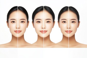 Realistic Photo of an Asian Woman with Perfect Skin, Full Frame Head and Shoulders, White Background, High-Quality Beauty Portrait