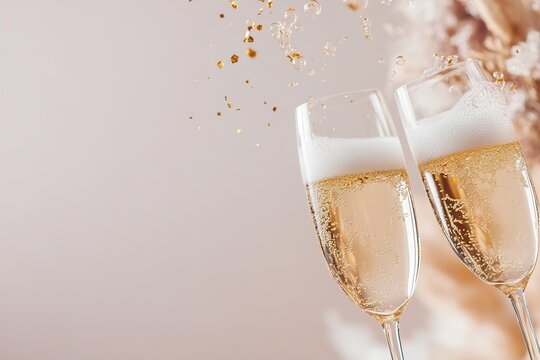 Two elegant champagne glasses clink together, releasing golden bubbles that rise softly against a blurred neutral backdrop, ideal for upscale celebrations and events