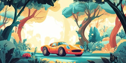Naklejka premium An orange sports car is driving on a road in a forest