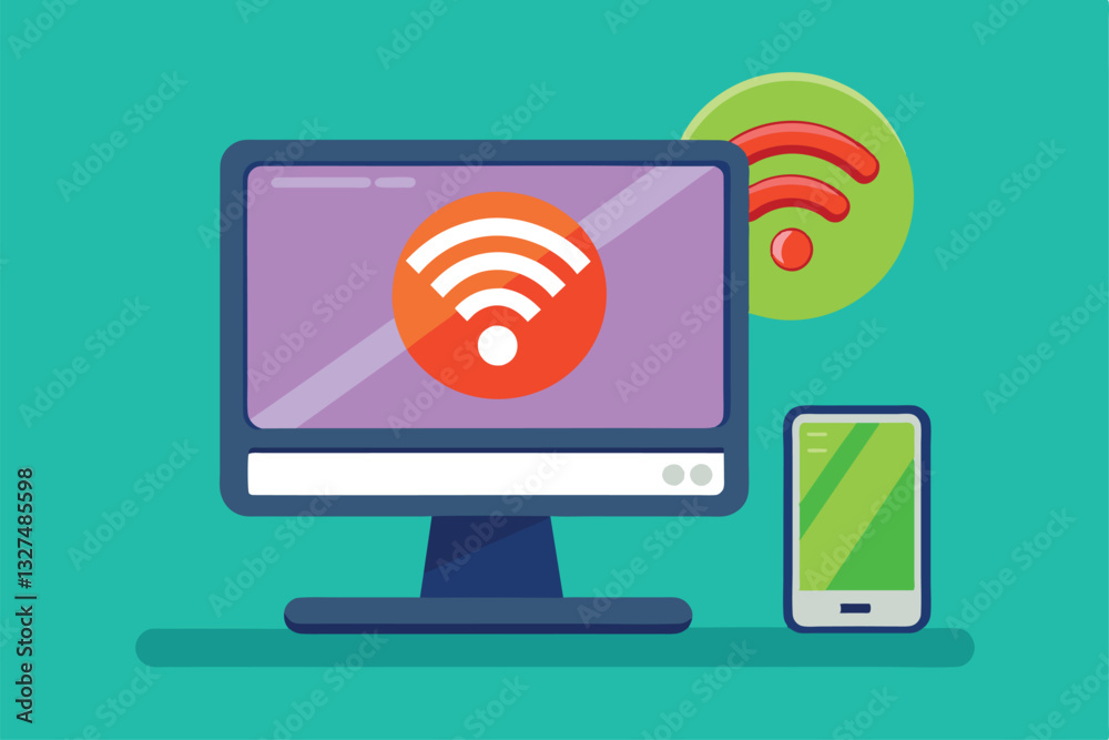 Poster a computer screen indicates no network connectivity while a smartphone sits next to it on a pastel b