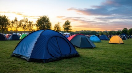 Colorful Camping Tents Set Against a Golden Sunset in a Beautiful Outdoor Landscape
