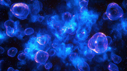 Celestial liquid nitrogen texture with glowing spheres in cosmic space