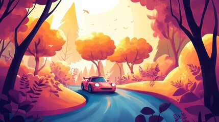 Obraz premium A colorful sports car drives along a winding road through the forest
