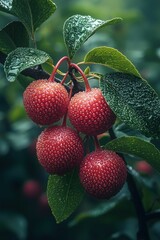 Obraz premium Dew-kissed red berries cluster on lush green leaves.