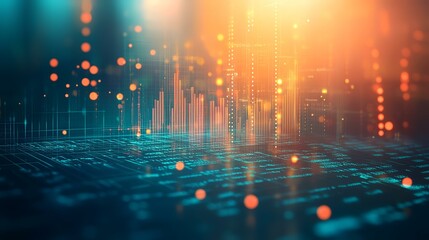 Data visualization, futuristic city background, glowing digital graph, technology concept