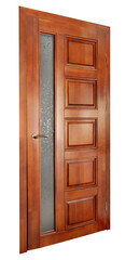 Classic wooden entrance door made of natural solid wood with embossed panels, frosted elongated glass inserts. Mockup with transparent background.
