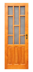 wooden doors are varnished, natural wood color, made of solid wood with embossed panels and frosted glass inserts. Mockup without background, transparency