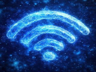 Glowing blue Wi Fi symbol on dark background, representing connectivity