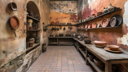 Fototapeta premium Wabi-Sabi kitchen with clay walls, a simple wooden countertop, and artisanal ceramics displayed with a mix of old and new pieces