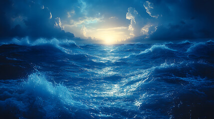 Fototapeta premium Serene ocean waves at sunset, with dramatic clouds and a tranquil atmosphere in the background