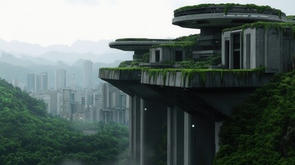 Fototapeta premium A futuristic, overgrown structure stands on pillars, surrounded by misty mountains and distant buildings, blending modernity with nature.