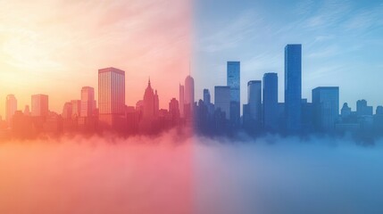 Obraz premium A striking split-image of a city skyline, with vibrant orange hues on one side and cool blue tones on the other, surrounded by a misty atmosphere.