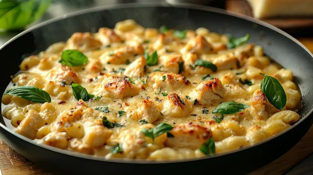 A creamy and cheesy baked pasta dish with fresh herbs, served in a black pan, representing comfort food and home-cooked meals. . High quality 4k footage