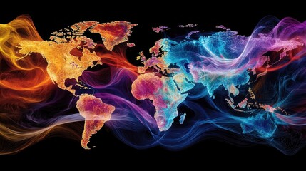 Obraz premium A colorful artistic representation of a world map, blending vibrant hues and abstract waves against a dark background.