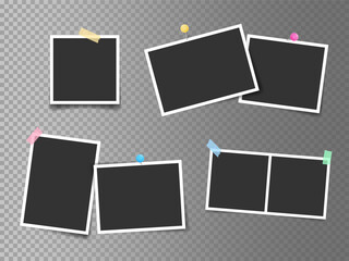 Photo frames set attached with colored push pins and adhesive tape on transparent background. Minimalist vector mockup. Photo collage Template for photo album, social media post, poster, portfolio