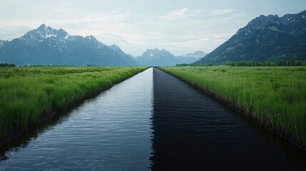 Fototapeta premium A serene landscape featuring a river bordered by lush greenery, with majestic mountains rising in the background under a clear sky.