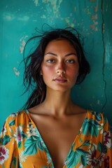 Bohemian Beauty: Woman in Floral Prints Against Vibrant Turquoise Backdrop