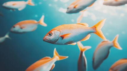 Fototapeta premium A vibrant underwater scene featuring a group of colorful fish swimming gracefully in clear blue waters.