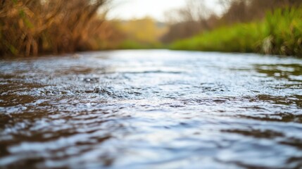 Fototapeta premium A serene view of a gently flowing river, reflecting surrounding greenery and natural light.