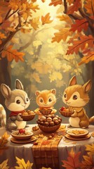Fototapeta premium Adorable woodland creatures share a festive autumn season feast