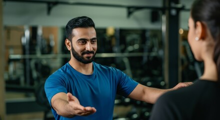 Young asian male trainer guiding female in gym exercise session