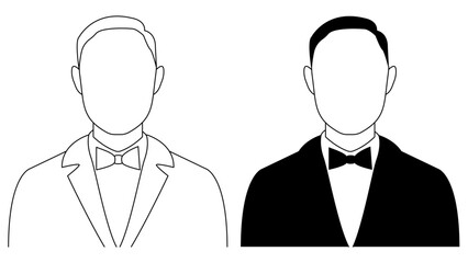 A profile illustration of a man's silhouette. An outline businessman profile illustration. A black and white male avatar picture. Man in a suit with a bow vector illustration. editable stroke