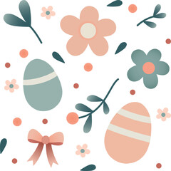 Seamless Easter Pattern with Eggs, Flowers, Leaves
