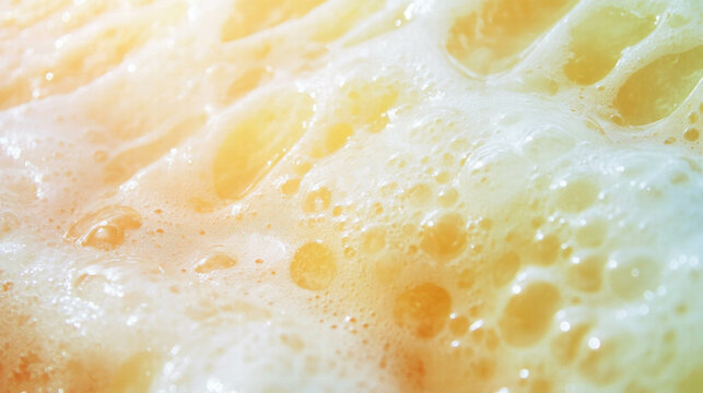 Close up of cloudy lemonade texture with small bubbles, perfect for beverage design and summer themes