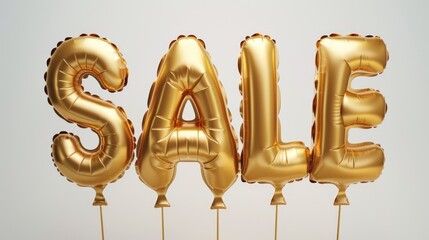 SALE made from golden balloon letters, shiny and metallic on a white background for special offer promotion