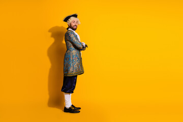 Elegant nobleman in intricate costume on vivid yellow background showcasing medieval fashion and...