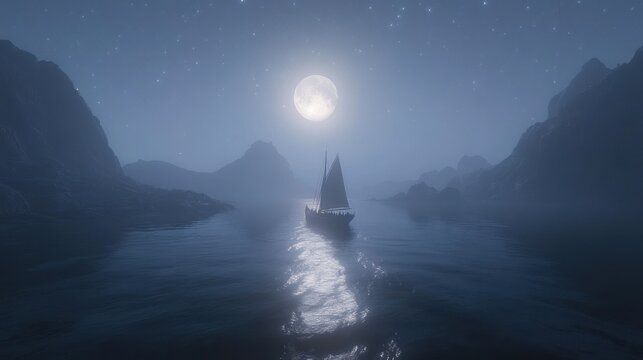 Misty night seascape with sailing ship