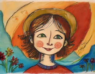 dessin en ia un peu enfantin d'une fille avec un chapeau et des fleurs