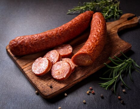 saucisson espagnol, chorizo sur une planche en bois en ia, saucisse longue