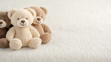 Three teddy bears on a fluffy blanket; soft, cuddly toys; nursery background; perfect for baby product advertising