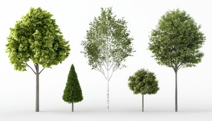 Obraz premium Diverse collection of detailed 3D trees, showcasing different shapes, trunk textures, and leaf densities for architectural renderings
