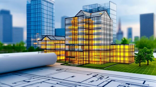 Modern Architectural Design:  Blueprint and Building Model in Urban Setting