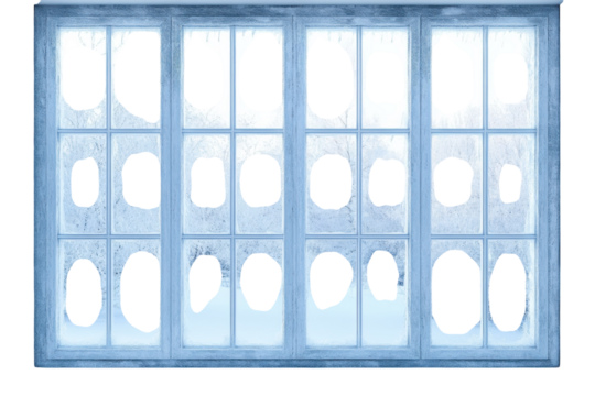 A Frosty Winter Windowpane, Revealing Glimpses Of A Snowy Landscape Beyond, In Cool, Serene Blues Isolated on Transparent Background
