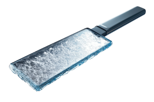 A Frozen Smartphone Screen, A Chilling Illustration Of Technologys Vulnerability, Displayed With A Dark, Sleek Handle Against A Stark Isolated on Transparent Background