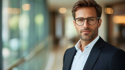 Confident man in suit with glasses engaging portrait focus